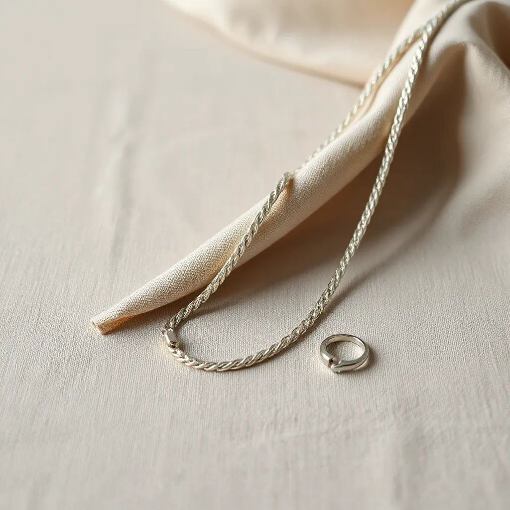 Silver rope chain laid on soft linen with subtle highlights and crisp metal texture