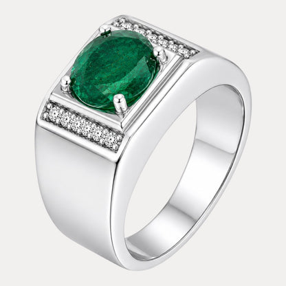925 Sterling Silver Round Green Emerald Stone Ring With Moissanite