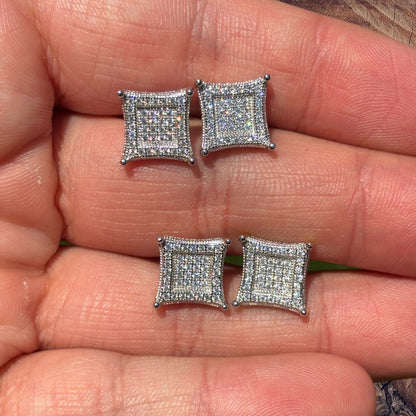 925 Sterling Silver 11mm Square Kite Moissanite or CZ Stud Earrings 2.8ct TW
