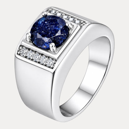 925 Sterling Silver Round Blue Sapphire Stone Ring With Moissanite
