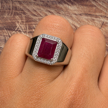 925 Sterling Silver Red Ruby Stone Ring With Moissanite