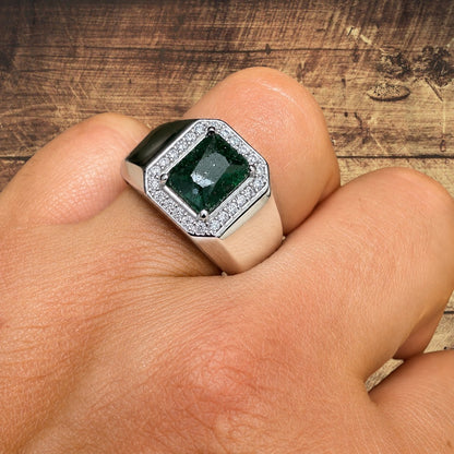 925 Sterling Silver Green Emerald Stone Ring With Moissanite