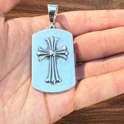 925 Sterling Silver Cross Hearts Dog Tag Pendant - Large