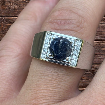 925 Sterling Silver Round Blue Sapphire Stone Ring With Moissanite
