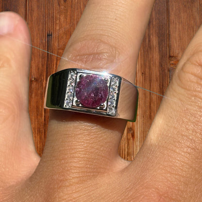 925 Sterling Silver Round Red Ruby Stone Ring With Moissanite