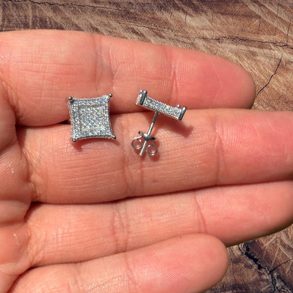 925 Sterling Silver 11mm Square Kite Moissanite or CZ Stud Earrings 2.8ct TW