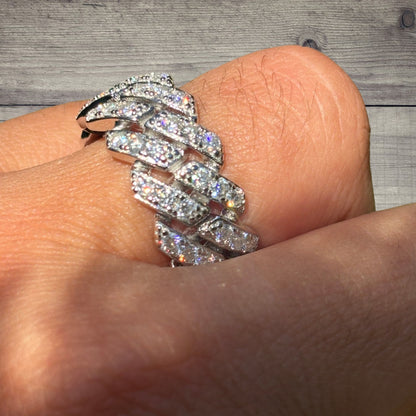 11.5mm 925 Sterling Silver Prong Miami Cuban Ring With Moissanite