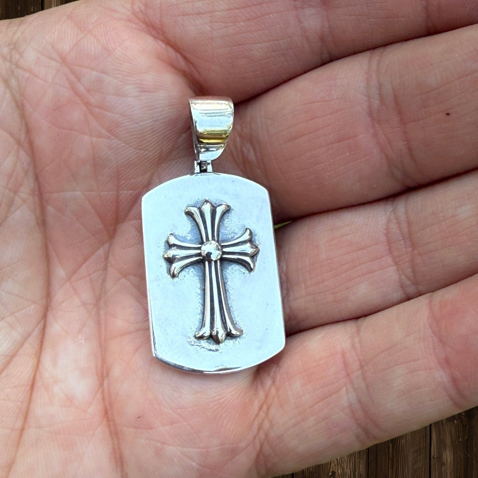 925 Sterling Silver Cross Hearts Dog Tag Pendant - Medium