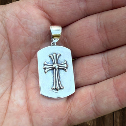 925 Sterling Silver Cross Hearts Dog Tag Pendant - Medium