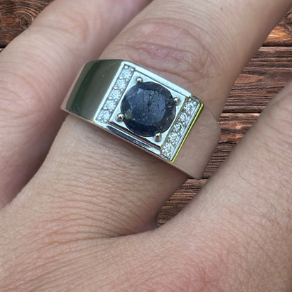 925 Sterling Silver Round Blue Sapphire Stone Ring With Moissanite