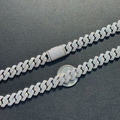 925 Sterling Silver 12mm Moissanite Miami Cuban Prong Chain Necklace
