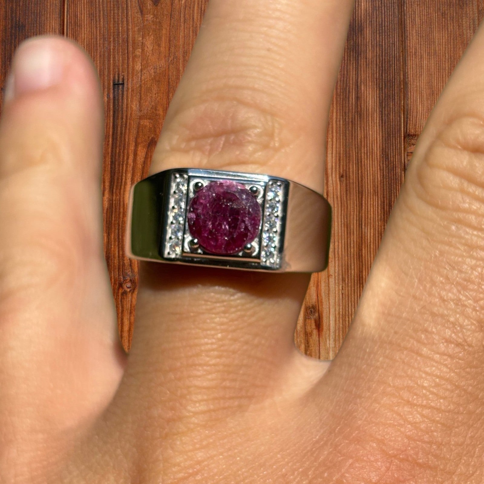 925 Sterling Silver Round Red Ruby Stone Ring With Moissanite