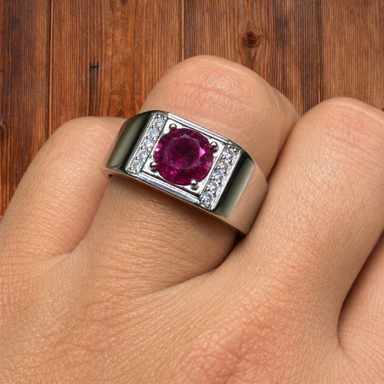 925 Sterling Silver Round Red Ruby Stone Ring With Moissanite