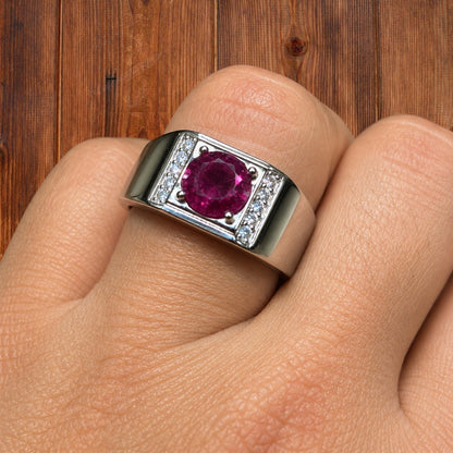925 Sterling Silver Round Red Ruby Stone Ring With Moissanite