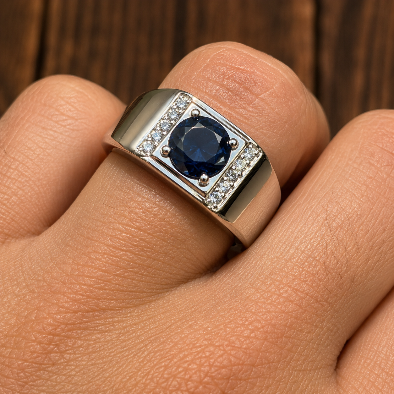 925 Sterling Silver Round Blue Sapphire Stone Ring With Moissanite