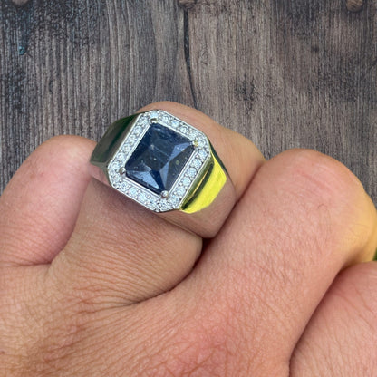 925 Sterling Silver Blue Sapphire Stone Ring With Moissanite