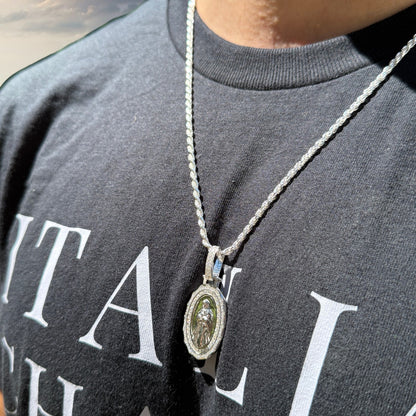 925 Sterling Silver Virgin Mary Medallion Pendant With Moissanite