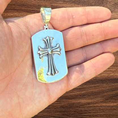 925 Sterling Silver Cross Hearts Dog Tag Pendant - Large