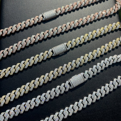 925 Sterling Silver 12mm Moissanite Miami Cuban Prong Chain Necklace