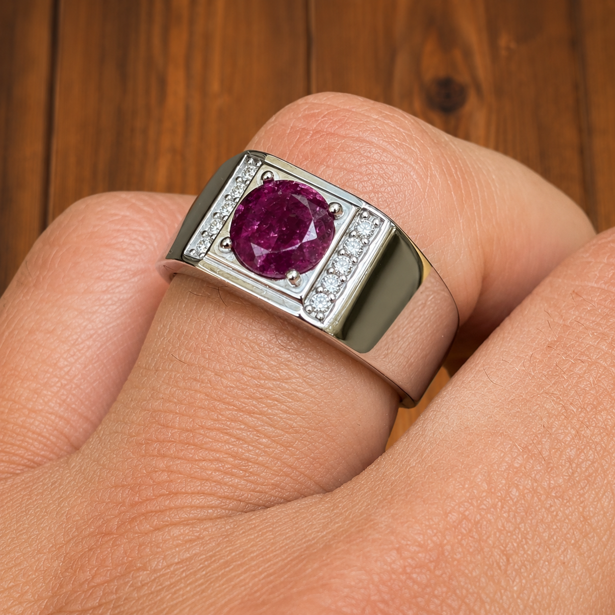 925 Sterling Silver Round Red Ruby Stone Ring With Moissanite