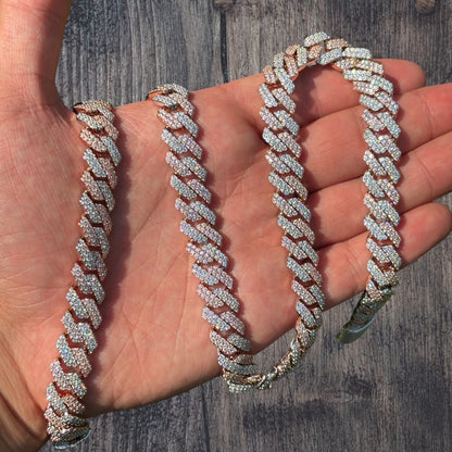 925 Sterling Silver 12mm Moissanite Miami Cuban Prong Chain Necklace