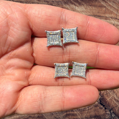 925 Sterling Silver 11mm Square Kite Moissanite or CZ Stud Earrings 2.8ct TW