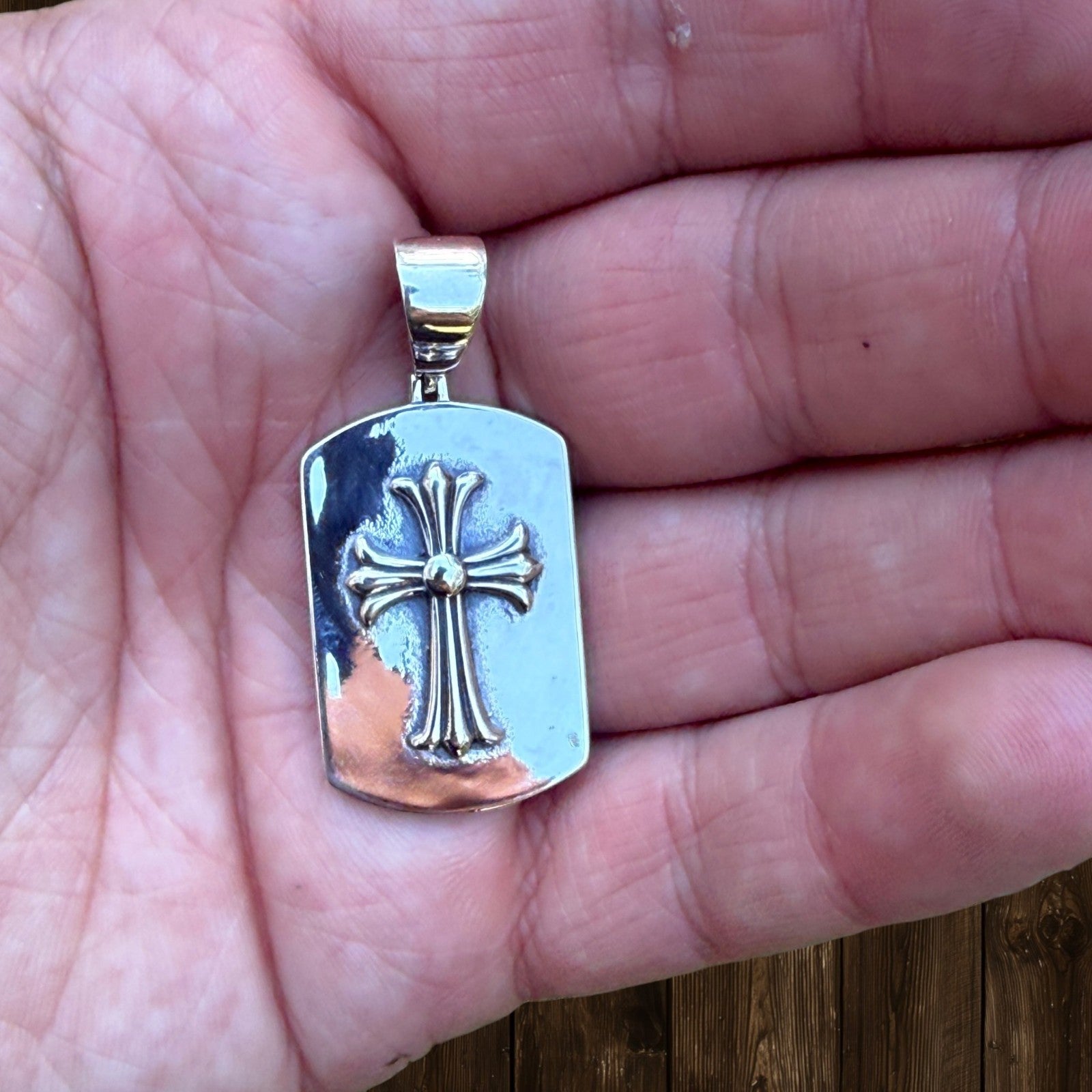 925 Sterling Silver Cross Hearts Dog Tag Pendant - Medium