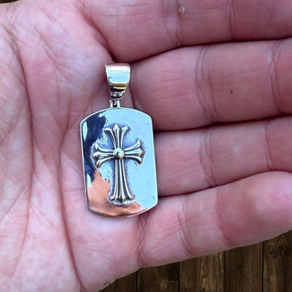 925 Sterling Silver Cross Hearts Dog Tag Pendant - Medium