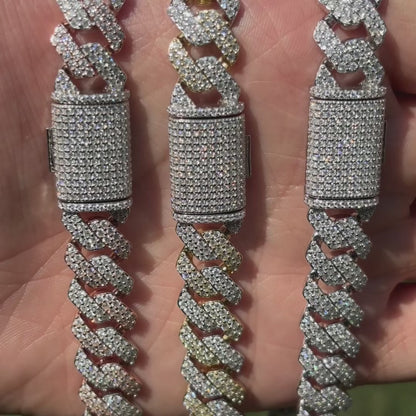 925 Sterling Silver 12mm Moissanite Miami Cuban Prong Chain Necklace