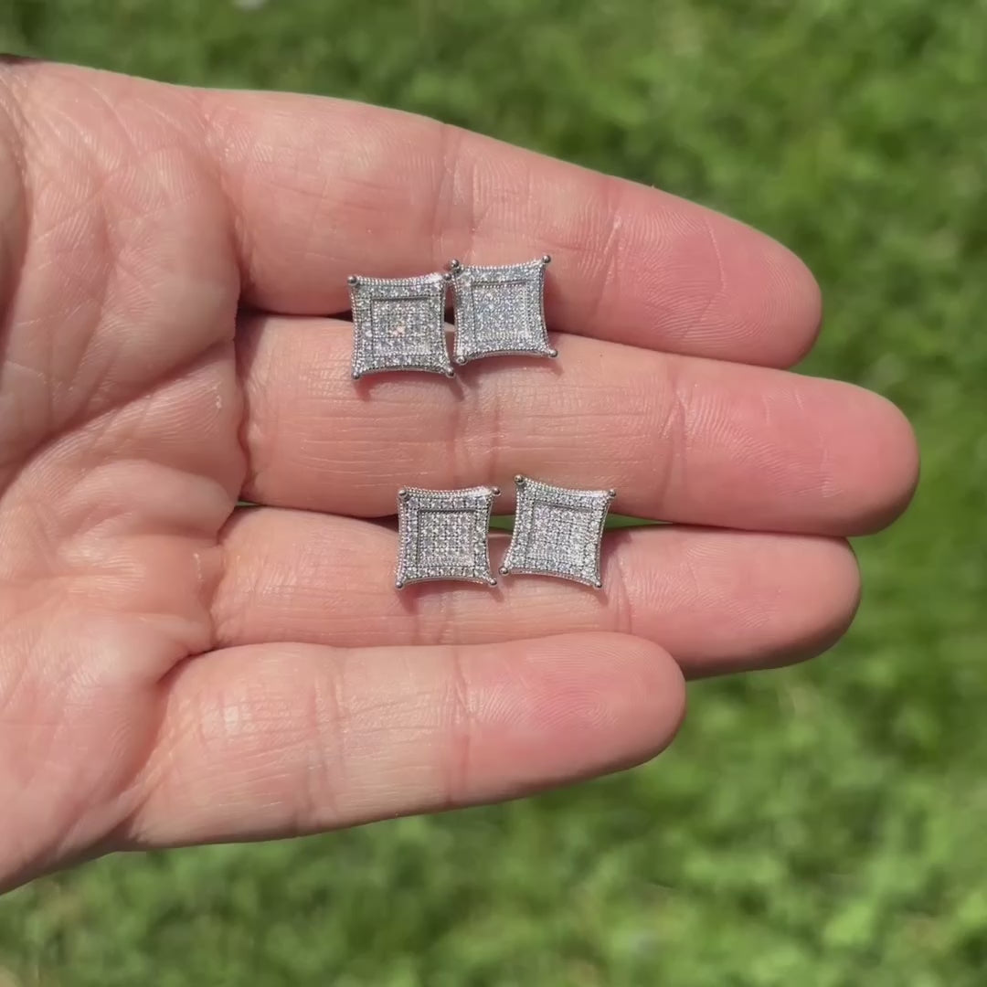 925 Sterling Silver 11mm Square Kite Moissanite or CZ Stud Earrings 2.8ct TW